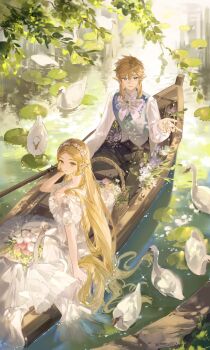 1boy 1girl bird black_pants blonde_hair blue_eyes boat bow bowtie breasts collarbone commentary_request dress earrings green_eyes grey_vest hair_between_eyes hand_in_own_hair highres jewelry lamblab0824 lily_pad link long_dress long_hair medium_breasts medium_hair nintendo on_boat pants parted_bangs pointy_ears princess_zelda shirt sidelocks smile swan the_legend_of_zelda the_legend_of_zelda:_breath_of_the_wild very_long_hair vest watercraft white_bow white_bowtie white_dress white_shirt