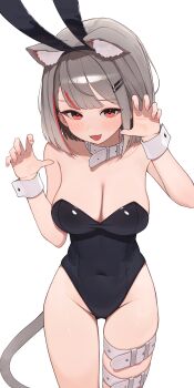 Rule 34 | 1girl, absurdres, animal ear fluff, animal ear hairband, animal ears, belt, belt collar, black hairband, black leotard, breasts, claw pose, cleavage, collar, covered navel, cowboy shot, fake animal ears, fangs, fingernails, grey hair, hair ornament, hairband, hairclip, hands up, hashtag-only commentary, heart, heart-shaped pupils, highres, large breasts, leotard, looking at viewer, multicolored hair, nail polish, neneko mashiro, open mouth, parallel hairclips, pink nails, rabbit ear hairband, rabbit ears, red eyes, red pupils, seuhu, short hair, simple background, smile, solo, standing, stellive, straight-on, strapless, strapless leotard, streaked hair, swept bangs, symbol-shaped pupils, tail, thigh belt, thigh strap, virtual youtuber, white background, white collar, white wrist cuffs, wrist cuffs