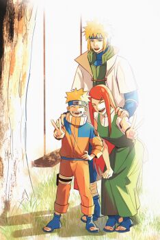 1girl 2boys abanovo arm_around_shoulder blonde_hair blue_eyes blue_shorts breasts child closed_eyes coat couple dress facial_mark family father_and_son full_body grass green_dress hair_ornament hairclip hand_on_own_hip hetero highres jacket jumpsuit long_dress long_hair medium_breasts mother_and_son multiple_boys namikaze_minato naruto_(series) open-toe_shoes open_mouth orange_jacket orange_jumpsuit orange_pants pants red_hair shirt shirt_under_dress short_hair short_sleeves shorts smile spiked_hair swept_bangs swing tree under_tree uzumaki_kushina uzumaki_naruto v whisker_markings white_coat white_shirt