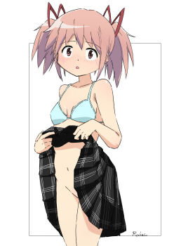 1girl :o aqua_bra black_skirt blush bra breasts choppy_bangs clothes_lift commentary_request convenient_censoring cowboy_shot hair_ribbon highres kaname_madoka lifting_own_clothes looking_at_viewer mahou_shoujo_madoka_magica navel no_panties no_shirt nose_blush parted_lips pink_hair plaid_clothes plaid_skirt pleated_skirt red_ribbon ribbon robaatosonha short_hair simple_background skirt skirt_lift small_breasts solo string_bra twintails underwear white_background