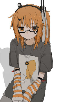 1girl a.i._voice adachi_rei alternate_costume android bespectacled black_shirt closed_mouth detached_sleeves flat_chest glasses hair_ornament hair_ribbon hairband highres jewelry joints looking_at_viewer medium_hair mizhou_(mzhu112646) one_side_up orange_eyes orange_hair pendant ribbon robot_joints shirt short_sleeves solo teardrop-framed_glasses upper_body utau