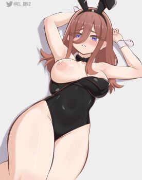 1girl absurdres animal_ear_hairband animal_ears arms_behind_back black_leotard blue_eyes bow bowtie breasts brown_hair detached_collar el_bin fake_animal_ears feet_out_of_frame go-toubun_no_hanayome hair_between_eyes hairband highres large_breasts leotard long_hair looking_at_viewer lying nakano_miku nipples pantyhose playboy_bunny rabbit_ears solo strapless strapless_leotard thighband_pantyhose wrist_cuffs