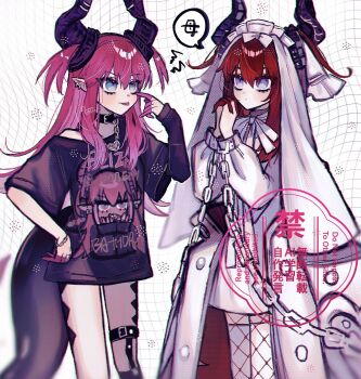 black_shirt blue_eyes blush breasts chain collar curled_horns dragon_girl dragon_horns dragon_tail dress elizabeth_bathory_(avenger)_(fate) elizabeth_bathory_(fate) elizabeth_bathory_(perfect)_(fate) elizabeth_bathory_(perfect)_(first_ascension)_(fate) fate/grand_order fate_(series) fishnets hair_ribbon highres horns long_hair long_sleeves noa_pisces pink_hair pointy_ears purple_eyes red_hair ribbon shirt short_sleeves small_breasts smile tail tongue tongue_out two_side_up veil white_dress
