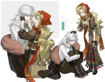 2girls :d arm_out_of_sleeve black_boots black_gloves blonde_hair blue_eyes boots brown_coat brown_gloves brown_jacket brown_skirt button_up_skirt coat comforting face-to-face full_body fur-trimmed_coat fur_trim gloves green_necktie green_pants hair_over_one_eye hand_on_another&#039;s_head hand_on_own_knee hands_on_another&#039;s_cheeks hands_on_another&#039;s_face headpat headscarf highres hugging_own_legs jacket knees_to_chest leaning_forward long_hair long_skirt looking_at_another multiple_girls multiple_views necktie open_mouth pants purple_eyes red_headscarf red_scarf reverse:1999 scarf shirt sitting skirt smile sumi_1800 upper_body vila_(reverse:1999) white_background white_hair white_shirt windsong_(reverse:1999)