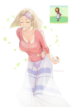 1girl absurdres arms_behind_back aroma_lady_(pokemon) breasts brown_hair cleavage closed_eyes commentary derivative_work english_commentary flower game_screenshot_inset hair_flower hair_ornament highres holding holding_poke_ball large_breasts long_skirt long_sleeves nadenadesuki nintendo parted_lips pink_shirt pixel_art_inset poke_ball poke_ball_(basic) pokemon pokemon_ruby/sapphire/emerald purple_flower screenshot_inset shirt short_hair simple_background skirt smile solo sprite_redraw twitter_username