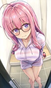 Rule 34 | ahoge, apartment, arms behind back, bare legs, barefoot, black-framed eyewear, blush, breasts, cleavage, closed mouth, collarbone, doorway, drawstring, feet out of frame, foreshortening, from above, gift, glasses, head tilt, highres, holding, holding gift, hood, hoodie, ideura shizuri, knees together feet apart, koyuki (kotatsu358), large breasts, long hair, looking at viewer, neet de otaku na kunoichi to naze ka dousei hajimemashita, pink hair, purple eyes, short shorts, shorts, shy, sidelocks, solo, striped clothes, striped hoodie, striped shorts, thigh gap, tile floor, tiles, upturned eyes, v-neck, valentine