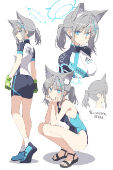 1girl animal_ear_fluff animal_ears black_one-piece_swimsuit black_sandals black_shorts blue_archive blue_eyes blue_halo blue_shoes blush closed_mouth cross_hair_ornament gloves green_gloves grey_hair hair_ornament halo highres long_hair official_alternate_costume official_alternate_hairstyle one-piece_swimsuit ponytail sandals satou_kibi shiroko_(blue_archive) shiroko_(cycling)_(blue_archive) shiroko_(swimsuit)_(blue_archive) shirt shoes short_sleeves shorts sidelocks smile socks squatting swimsuit white_shirt white_socks wolf_ears wolf_girl