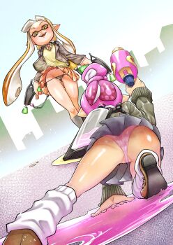 2girls agent_4_(splatoon) ass black_panties black_skirt brown_jacket brown_vest emit_x flat_chest from_behind full_body green_jacket groin gun highres holding holding_gun holding_weapon ink jacket leaning_forward long_hair looking_at_another looking_at_viewer micro_panties multiple_girls nintendo octoling on_one_knee open_mouth orange_skirt panties pantyshot pink_panties pointy_ears school_uniform short_hair skirt smile splatoon_(series) teeth underwear upper_teeth_only vest weapon wind wind_lift