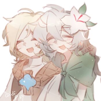 Rule 34 | 1boy, 1girl, blonde hair, braid, closed eyes, colored eyelashes, cookie run, cookie run: kingdom, dress, flower, gloves, green dress, green gloves, hair flower, hair ornament, highres, humanization, long hair, pure vanilla cookie, robe, simple background, white eyelashes, white flower, white hair, white lily, white lily cookie, white robe, yaojingwangchudi