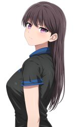 Rule 34 | 1girl, absurdres, bang dream!, bang dream! it&#039;s mygo!!!!!, black shirt, brown hair, closed mouth, from side, frown, highres, long hair, looking at viewer, mole, mole under eye, noshimurin, purple eyes, shiina taki, shirt, short sleeves, simple background, solo, white background
