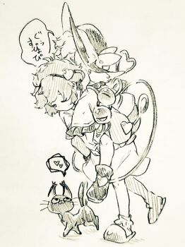 Rule 34 | 2girls, animalization, boots, bow, carrying, carrying person, closed eyes, commentary request, eyeball, frilled sleeves, frills, hair ornament, hairband, hat, hat bow, heart, heart hair ornament, heart of string, kaenbyou rin, kaenbyou rin (cat), komeiji koishi, komeiji satori, long sleeves, menotama, multi-source commentary, multiple girls, multiple tails, piggyback, shirt, short hair, siblings, sisters, skirt, sleeping, slippers, socks, speech bubble, spoken heart, tail, third eye, touhou, traditional media, translation request, two tails, wide sleeves