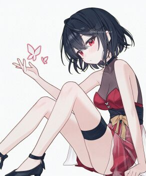 Rule 34 | 1girl, absurdres, black hair, black leotard, blush, breasts, bug, butterfly, cleavage, closed mouth, commentary, double-parted bangs, dress, english commentary, foot out of frame, from side, hair between eyes, hand up, highres, insect, legs, leotard, leotard under clothes, looking at viewer, medium breasts, namin (namin star), original, red dress, red eyes, see-through cleavage, see-through clothes, short dress, short hair, simple background, sitting, sleeveless, sleeveless turtleneck, solo, thigh strap, turtleneck, watermark, white background