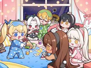 +++ 1boy 6+girls 777_(nikke) absurdres black_hair black_pajamas blanc_(nikke) blonde_hair blue_eyes blue_pajamas blush breasts brown_hair card card_game character_doll chips_(food) closed_eyes coin coin_flip colored_inner_hair commander_(nikke) commentary_request cupcake dark-skinned_female dark_skin deerstalker doll drake_(nikke) eye_mask fang food goddess_of_victory:_nikke gold_coin green_eyes green_pajamas hairband hat hiding highres holding holding_card jacket korean_commentary laplace_(nikke) large_breasts laughing long_hair mask matis_(nikke) maxwell_(nikke) military_jacket military_uniform multicolored_hair multiple_girls nightgown noir_(nikke) novel_(nikke) open_mouth pajamas peeking_out playing_card playing_games polka_dot polka_dot_pajamas rabbit_tail red_eyes red_hair rouge_(nikke) short_hair siblings sitting skin_fang sleepover sleepwear smile stalking tail tossing twins twintails uz_(uzru0428) very_long_hair white_hair yellow_eyes