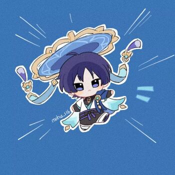 1boy ahoge aqua_gemstone artist_name belt black_belt black_bodysuit black_bow black_bridal_gauntlets black_sandals black_shorts blue_background blue_cape blue_hat blue_kimono blue_sleeves blunt_ends blush_stickers bodysuit bow bridal_gauntlets cape chibi closed_mouth emphasis_lines feathers full_body furisode gem genshin_impact gold hat japanese_clothes jingasa juban kimono layered_sleeves leg_warmers looking_at_viewer male_focus mohu_116 open_clothes open_kimono pom_pom_(clothes) purple_eyes purple_hair purple_sash sandals sash scaramouche_(genshin_impact) short_sleeves shorts shoulder_peek solo tassel vision_(genshin_impact) wanderer_(genshin_impact) white_kimono white_leg_warmers white_sleeves wispy_bangs yellow_feathers