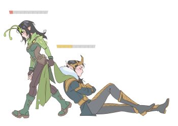 1boy 1girl alien antennae armor black_gloves black_hair black_pants boots cape cape_grab clothes_grab commentary crossed_arms dirty dirty_face dragging english_commentary evil_cactus fake_horns fingerless_gloves fur-trimmed_cape fur_trim gloves gold_trim green_boots green_cape green_tunic grey_boots grey_pants guardians_of_the_galaxy health_bar highres horned_headwear horns implied_after_fight loki_(marvel) long_hair mantis_(marvel) marvel marvel_rivals pants pauldrons pointy_ears profile shoulder_armor thor_(marvel)_(series) tunic yellow_gloves