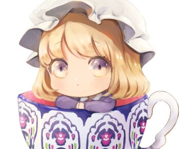 1girl blonde_hair blush bow bowtie chibi chibi_only collar cup dress hair_between_eyes hat in_container in_cup long_sleeves maribel_hearn mob_cap multicolored_eyes own_hands_together painting_(medium) poteimo_(poteimo622) purple_dress purple_eyes red_bow red_bowtie short_hair simple_background touhou traditional_media two-tone_eyes white_background white_collar white_hat yellow_eyes