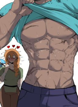 1boy 1girl abs absurdres alex_(minecraft) axe bandages blush braid clothes_lift commentary english_commentary heart highres holding holding_axe lifting_own_clothes masoq minecraft navel orange_hair pants pectorals profanity scar shirt_lift short_sleeves simple_background steve_(minecraft) sweat white_background