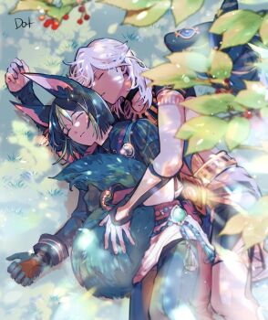 Rule 34 | 2boys, animal ear fluff, animal ears, artist name, black gloves, black hair, black pants, black shirt, blunt ends, blurry, choker, closed eyes, closed mouth, cyno (genshin impact), dappled sunlight, dark-skinned male, dark skin, day, fox boy, fox ears, fox tail, genshin impact, gloves, grass, green hair, hair between eyes, highres, holding own tail, hug, hug from behind, jewelry, korean commentary, leaf, long sleeves, lying, male focus, multicolored hair, multiple boys, on back, on grass, on side, outdoors, pants, parted lips, shirt, short hair, short sleeves, shorts, sleeping, streaked hair, sunlight, tail, tassel, tighnari (genshin impact), to dot , vision (genshin impact), white hair, yaoi