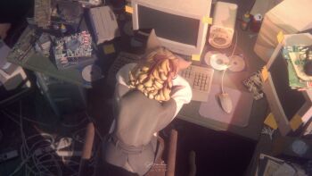 1girl 3d absurdres animal_ears artist_name belt blender_(medium) book box cable can cat_ears cd chair computer computer_keyboard computer_mouse desk desk_lamp drawer drink_can from_above furry head_down highres indoors lamp long_sleeves magazine_(object) marycia_(vrchat) medium_hair monitor office_chair on_chair scenery scissors shirt signature sitting soda_can solo sticky_note swivel_chair user_kzes8285 vest vrchat white_shirt wire