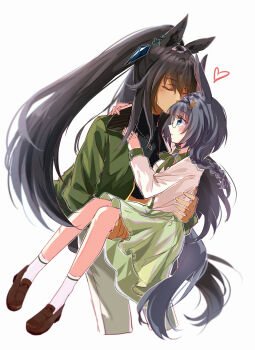 2girls absurdres animal_ears arms_around_neck black_hair black_shirt blue_eyes blush braid breasts carrying casual closed_eyes closed_mouth commentary_request cropped_shirt crown_braid dark-skinned_female dark_skin earrings glasses green_jacket green_skirt hair_between_eyes heart highres horse_ears horse_girl horse_tail jacket jewelry kiss kissing_forehead long_hair long_sleeves morizu929 multiple_girls necklace pants parted_lips ponytail princess_carry shirt single_earring skirt split_ponytail symboli_kris_s_(casual)_(umamusume) symboli_kris_s_(umamusume) tail umamusume white_jacket white_pants yuri zenno_rob_roy_(umamusume)
