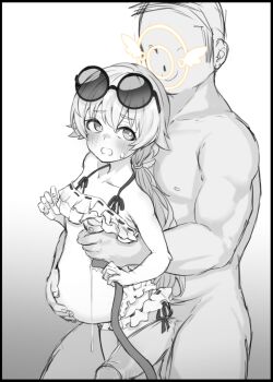 1boy 1girl bikini blue_archive blush breasts completely_nude doodle_sensei_(blue_archive) eyewear_on_head foeyp frilled_bikini frills grabbing_another's_breast grabbing_from_behind gradient_background grey_background groping halo halo_behind_head hand_on_another's_stomach hetero hifumi_(blue_archive) hifumi_(swimsuit)_(blue_archive) highres holding holding_hose hose large_penis long_hair low_twintails muscular muscular_male nipples nude official_alternate_costume penis pregnant sensei_(blue_archive) sunglasses swimsuit twintails variant_set white_background winged_halo yellow_halo