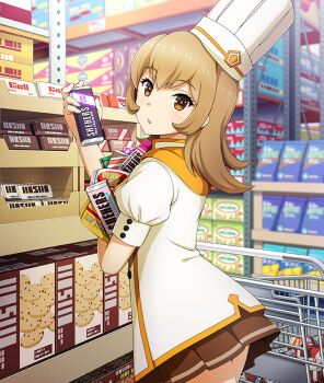 1girl :o brand_name_imitation brown_hair brown_skirt candy chef_hat chocolate chocolate_bar cookie cowboy_shot english_text food from_behind game_cg grocery_store hand_up hat hershey's holding holding_chocolate holding_food looking_at_viewer looking_back medium_hair official_art orange_eyes osafune_girls_academy_school_uniform parted_lips patissier puffy_short_sleeves puffy_sleeves red_pupils school_uniform shelf shimoishii_chika shirt shopping shopping_cart short_sleeves sidelocks skirt solo third-party_source toji_no_miko toji_no_miko:_kizamishi_issen_no_tomoshibi white_hat white_shirt