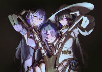3girls :3 absurdres acheron_(honkai:_star_rail) bare_shoulders belt black_background black_belt black_flower black_gloves black_hair black_swan_(honkai:_star_rail) black_veil blush breasts claw_ring commentary demon_girl demon_horns detached_sleeves dress elbow_gloves english_commentary fingerless_gloves flower four-finger_heart_hands gloves hair_between_eyes hair_over_one_eye hat hat_flower heart heart_hands heart_hands_trio highres honkai:_star_rail honkai_(series) horns jewelry large_breasts long_hair long_sidelocks looking_at_viewer multiple_girls necklace pearl_necklace purple_dress purple_eyes purple_hair sidelocks smile sun_hat the_dahlia_(honkai:_star_rail) veil very_long_hair waffle_404 white_dress white_gloves white_hat yellow_eyes