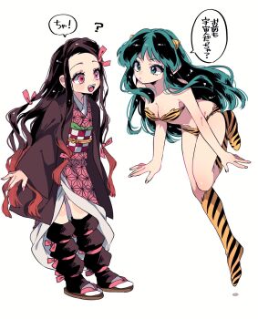 2girls ? animal_print asa_no_ha_(pattern) bikini black_leg_warmers breasts brown_hair checkered_haori checkered_sash cleavage commentary_request cone_horns crossover fangs floating full_body fur_bikini gradient_hair green_hair haori highres horns japanese_clothes kamado_nezuko kimetsu_no_yaiba kimono leg_warmers long_hair lum multicolored_hair multiple_girls oni pink_eyes pink_kimono pink_ribbon print_bikini print_boots ribbon rumic_0620 sandals small_horns smile strapless strapless_bikini striped_horns swimsuit tiger_panties tiger_print translation_request urusei_yatsura white_background yellow_bikini yellow_horns