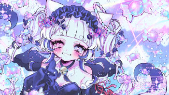 1girl absurdres animal_ears aoi_bansoko bell blue_hair blush braid cat_ears commentary_request highres long_hair looking_at_viewer multicolored_hair original sensitive smile solo virtual_youtuber white_hair