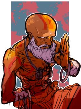 Rule 34 | 1boy, arm up, bald, bandaged arm, bandages, bangle, beard, bracelet, commentary request, cowboy shot, dark-skinned male, dark skin, dhalsim, facial hair, facial mark, highres, jewelry, looking ahead, male focus, necklace, no pupils, old, orange pants, pants, sketch, solo, street fighter, street fighter 6, topless male, white eyes, white hair, yukke69