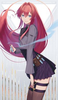 1girl ange_katrina ange_katrina_(4th_costume) belt belt_pouch black_necktie black_skirt blue_eyes breasts brown_belt collared_shirt colored_smoke commentary_request cowboy_shot floating_hair floating_neckwear from_side grey_background grey_shirt grey_thighhighs grin hair_between_eyes hair_intakes hair_ornament halftone hand_on_own_thigh high-waist_skirt highres holding holding_test_tube legwear_garter lips long_bangs long_hair long_sidelocks long_sleeves looking_at_viewer matsuharu_(lip-mil) miniskirt necktie nijisanji partial_commentary pleated_skirt pleated_sleeves pouch red_hair shirt shirt_tucked_in sidelocks skinny skirt small_breasts smile smoke solo square-end_necktie test_tube test_tube_holster thighhighs triangle turning_head twitter_username very_long_hair virtual_youtuber