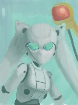 1girl 1other absurdres blue_eyes colored_skin commentary disney drossel_von_flugel english_commentary fireball_(series) gedachtnis highres humanoid_robot joints mechanical_hair no_mouth non-humanoid_robot rabiscospetisco red_eyes robot robot_girl robot_joints twintails white_skin