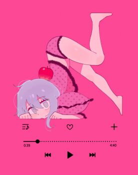 1girl apple apple_on_head aqua_eyes barefoot batrobin_k bright_pupils buttons camisole commentary_request derivative_work food food_on_head fruit fruit_on_head full_body grey_hair hatsune_miku heart_button highres invisible_floor invisible_wall lace lace-trimmed_camisole lace-trimmed_panties lace_trim light_blush looking_at_viewer media_player_interface object_on_head panties pink_background pink_camisole pink_panties play_button polka_dot polka_dot_camisole polka_dot_panties polka_dot_pillow progress_bar romeo_to_cinderella_(vocaloid) see-through_clothes see-through_shirt shirt sidelocks simple_background solo underwear upside-down vocaloid