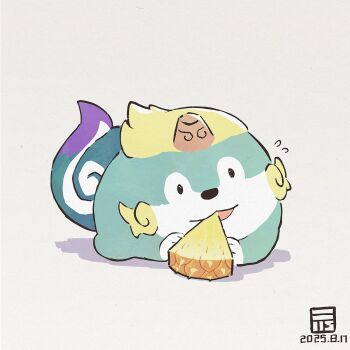 animal_focus dated eating flying_sweatdrops food fruit highres no_humans open_mouth pineapple pineapple_slice simple_background solo tama-jii tensui_no_sakuna-hime white_background y_koichi