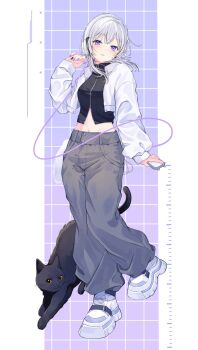 1girl animal black_cat black_nails black_shirt cat cellphone crop_top cropped_shirt fingernails grey_pants grid_background hand_up headphones highres holding holding_phone jacket long_hair long_sleeves looking_at_viewer midriff multicolored_nails nail_polish navel nekotora_(nekotora0116) open_clothes open_jacket original pants parted_lips partially_unzipped phone purple_background purple_eyes purple_nails shirt shoes smartphone sneakers solo white_hair white_jacket white_shoes