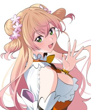 1girl arm_garter blonde_hair blush bow bowtie breasts brown_bow brown_bowtie cleavage cleavage_cutout clothing_cutout crossed_bangs double_bun facing_to_the_side fang flower frilled_shirt frills from_behind from_side gradient_hair green_eyes hair_bun hair_flower hair_ornament hand_up highres hololive large_breasts light_blush long_hair looking_at_viewer momosuzu_nene momosuzu_nene_(1st_costume) multicolored_bow multicolored_hair nail_polish open_mouth orange_nails orange_shirt pink_flower pink_hair shirt sideboob sidelocks simple_background sleeveless sleeveless_shirt smile solo two-tone_shirt two_side_up upper_body uuoftn virtual_youtuber waist_bow waving white_background white_bow white_shirt