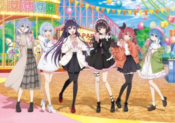 6+girls ahoge amusement_park balloon belt black_footwear black_hair black_pantyhose black_thighhighs blue_eyes blue_hair blue_sky brown_coat carousel cloud coat date_a_live day dress ferris_wheel fishnet_thighhighs fishnets food full_body garter_straps hair_between_eyes hair_ornament hair_ribbon hairband hairclip hand_puppet heterochromia high_heels himekawa_yoshino ice_cream_crepe itsuka_kotori legwear_garter lolita_hairband long_hair looking_at_viewer multiple_girls murasame_reine official_alternate_costume official_art open_mouth outdoors pantyhose pavement puppet purple_hair red_eyes red_hair ribbon shadow short_hair skirt sky smile takamiya_mio thighhighs third-party_source tobiichi_origami tokisaki_kurumi tree twintails white_dress white_hair yatogami_tohka yellow_eyes yoshinon