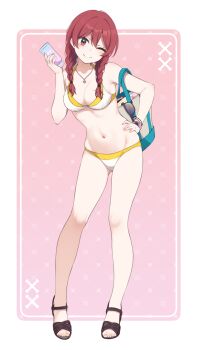 1girl ;) bag bare_shoulders bikini black_sandals border braid breasts cleavage closed_mouth collarbone eyewear_hang full_body hair_between_eyes hand_on_own_hip hand_up head_tilt highres holding long_hair low_twintails medium_breasts nagami_yuu nail_polish navel one_eye_closed original pink_background pink_nails red_eyes red_hair sandals smile solo standing sunglasses swimsuit toenail_polish toenails twin_braids twintails unworn_eyewear white_bikini white_border