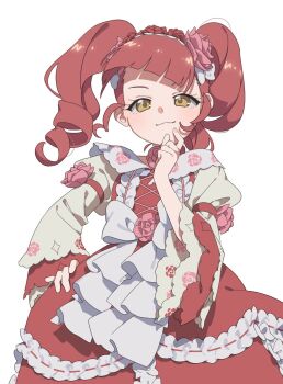 1girl :3 akagi_anna blunt_bangs closed_mouth cowboy_shot curly_sidelocks dress drill_hair flower frilled_dress frills hand_up highres hime_lolita idol_clothes kiratto_pri_chan lolita_fashion long_hair long_sleeves looking_at_viewer pink_flower pink_rose pretty_series red_dress red_hair rose simple_background smile solo standing twintails white_background yellow_eyes yunomikuchi