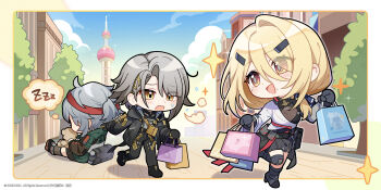 3girls absurdres andoris_(girls'_frontline_2) bad_link black_gloves blush g11_(girls'_frontline) girls'_frontline girls'_frontline_2:_exilium gloves grey_hair highres long_hair mechty_(girls'_frontline_2) mole mole_under_mouth multiple_girls official_art open_mouth shanghai shopping vector_(girls'_frontline) vector_(girls'_frontline_2) yellow_eyes