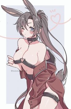 1girl ;) ahoge alternate_costume animal_ears bare_shoulders belt between_breasts between_legs black_belt black_collar blush border breasts brown_hair buckle chain chest_belt chest_harness cleavage closed_mouth collar collarbone cowboy_shot extra_ears eyelashes genderswap genderswap_(mtf) grey_background grey_eyes hair_between_eyes hair_tie hand_between_legs harness heart highres jacket jewelry kemonomimi_mode large_breasts long_hair long_sleeves looking_at_viewer modao_zushi naked_jacket navel o-ring off_shoulder one_eye_closed open_clothes open_jacket ponytail rabbit_ears rabbit_girl rabbit_tail red_jacket revealing_clothes simple_background smile solo standing tail thigh_strap twitter_username very_long_hair wei_wuxian yaichi00