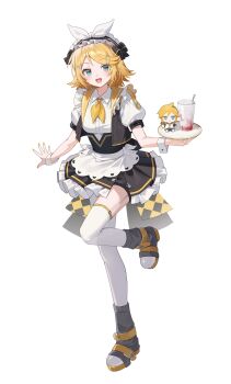 1girl absurdres apron aqua_eyes black_skirt blonde_hair boots collared_shirt cropped_jacket emduck food full_body garter_straps highres jacket kagamine_len kagamine_rin maid maid_apron maid_headdress neckerchief open_clothes open_jacket open_mouth shirt short_hair short_sleeves simple_background skirt smile solo standing standing_on_one_leg thighhighs vocaloid white_apron white_background white_garter_straps white_skirt white_thighhighs white_wrist_cuffs wrist_cuffs yellow_neckerchief zettai_ryouiki