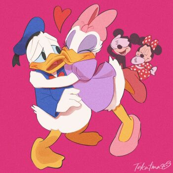 2boys 2girls animal_ears bow daisy_duck disney donald_duck dress duck_boy duck_girl gloves hair_bow highres looking_at_viewer mickey_mouse mickey_mouse_&amp;_friends minnie_mouse mouse_ears multiple_boys multiple_girls open_mouth polka_dot shirt smile tail takatmaorange