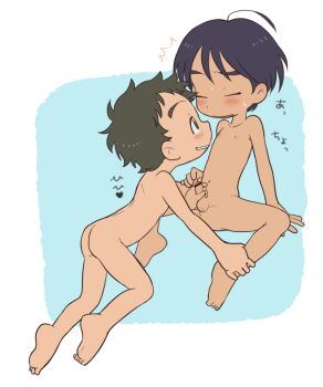 2boys bar_censor blue_background blush border censored closed_eyes completely_nude full_body grabbing_another's_penis kodomo_doushi male_focus multiple_boys nipples nude original penis short_hair shota taremayuzou testicles white_border yaoi