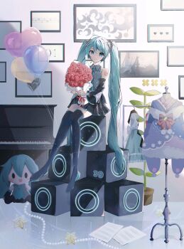 Rule 34 | 1girl, 39, absurdres, annotation request, aqua eyes, aqua hair, aqua necktie, balloon, bare shoulders, black skirt, black sleeves, black thighhighs, blue eyes, blue hair, blue necktie, boots, bouquet, character doll, closed mouth, collared shirt, detached sleeves, doll, flower, full body, grey shirt, hair ornament, hatsune miku, heart balloon, hello planet (vocaloid), highres, holding, holding bouquet, hoshimiya shidzu, instrument, little missing stars (vocaloid), long hair, looking at viewer, magical mirai (vocaloid), magical mirai miku, magical mirai miku (2018), microphone, miniskirt, necktie, number tattoo, partially annotated, piano, piano keys, plant, pleated skirt, red flower, red rose, rolling girl (vocaloid), rose, sheet music, shirt, shoulder tattoo, sitting, skirt, sleeveless, sleeveless shirt, smile, solo, songover, speaker, star (symbol), tattoo, thigh boots, thighhighs, twintails, unknown mother goose (vocaloid), very long hair, vocaloid, yuki miku, yuki miku (2023)