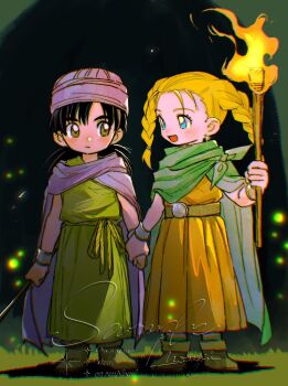 1boy 1girl artist_name bianca_(dq5) black_hair blonde_hair blue_eyes blush boots bracer braid brown_boots brown_eyes child cloak dragon_quest dragon_quest_v earrings full_body green_cloak green_tunic hat hero_(dq5) highres holding holding_another&#039;s_wrist holding_hands holding_torch jewelry light_frown long_hair looking_at_another low_ponytail mouyi open_mouth orange_tunic ponytail purple_cloak purple_hat sample_watermark smile torch tunic twin_braids watermark