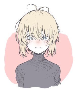 1girl absurdres antenna_hair black_sweater blonde_hair blue_eyes commentary cropped_torso gunslinger_girl highres messy_hair red_background rico_(gunslinger_girl) shichisaburo short_hair simple_background smile solo straight-on sweater turtleneck turtleneck_sweater upper_body white_background