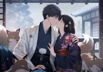 1boy 1girl black_hair blush closed_eyes closed_mouth fox fox_mask_(silent_hill) hikari_0o0o0 husband_and_wife japanese_clothes kimono kiss obi sash shimizu_hinako short_hair silent_hill_(series) silent_hill_f snow