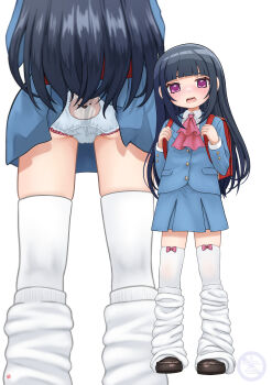 1girl absurdres ass back-print_panties backpack bag black_hair blue_skirt commission highres loli long_hair multiple_views nao_suke original panties print_panties randoseru skeb_commission skirt thighhighs underwear
