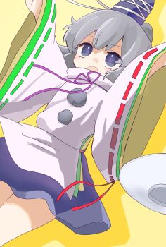 1girl ameshi_(rzuw4482) commentary grey_hair hat highres japanese_clothes kariginu long_hair long_sleeves mononobe_no_futo open_mouth plate pom_pom_(clothes) ponytail purple_eyes purple_hat purple_skirt ribbon-trimmed_sleeves ribbon_trim skirt solo tate_eboshi touhou wide_sleeves yellow_background